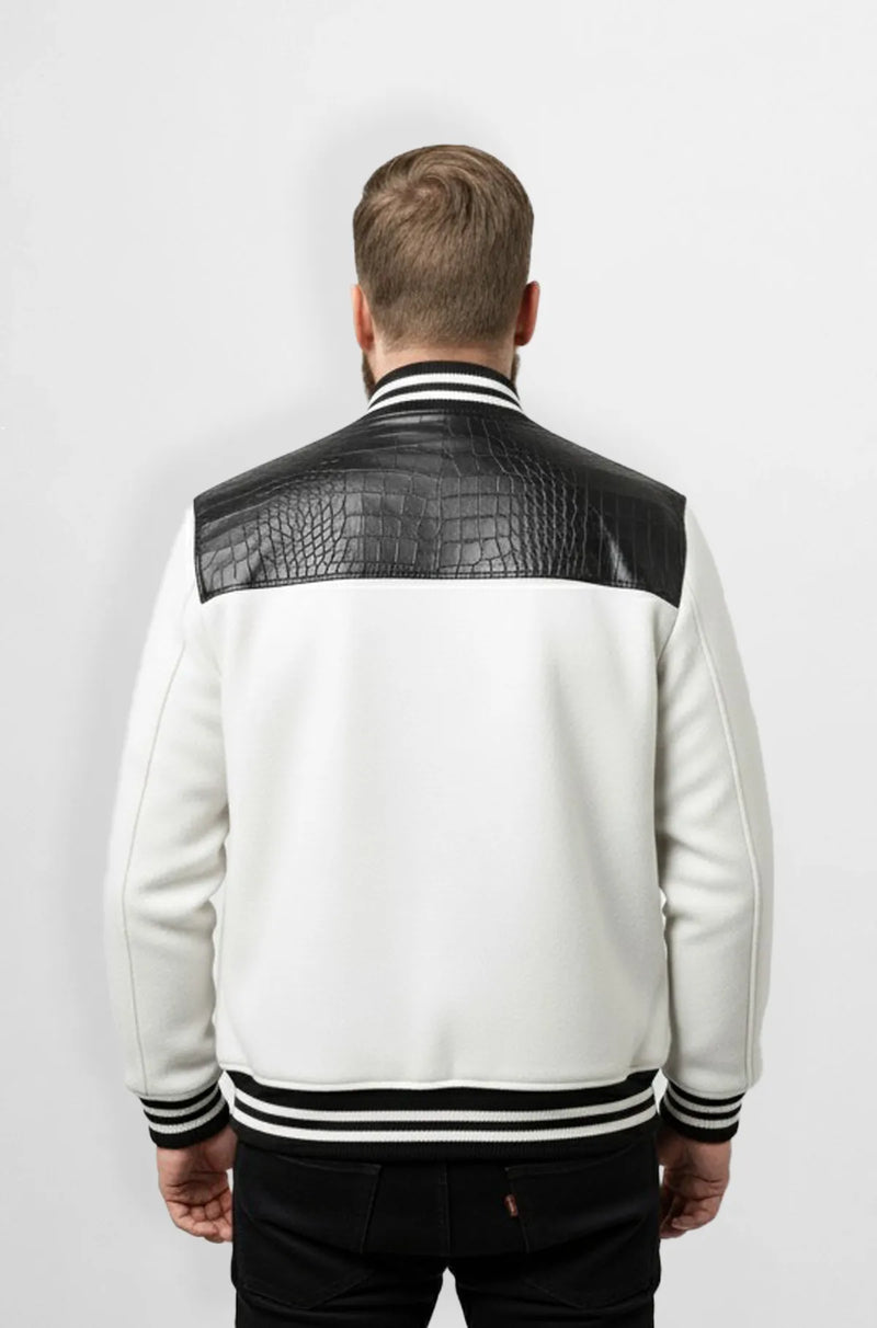 Black & White Crocodile Leather Suede Varsity Jacket Back view