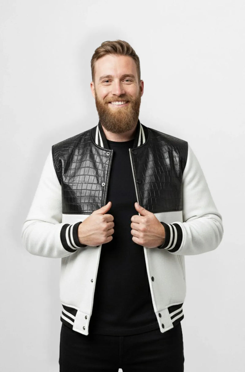 Black & White Crocodile Leather Suede Varsity Jacket Front view