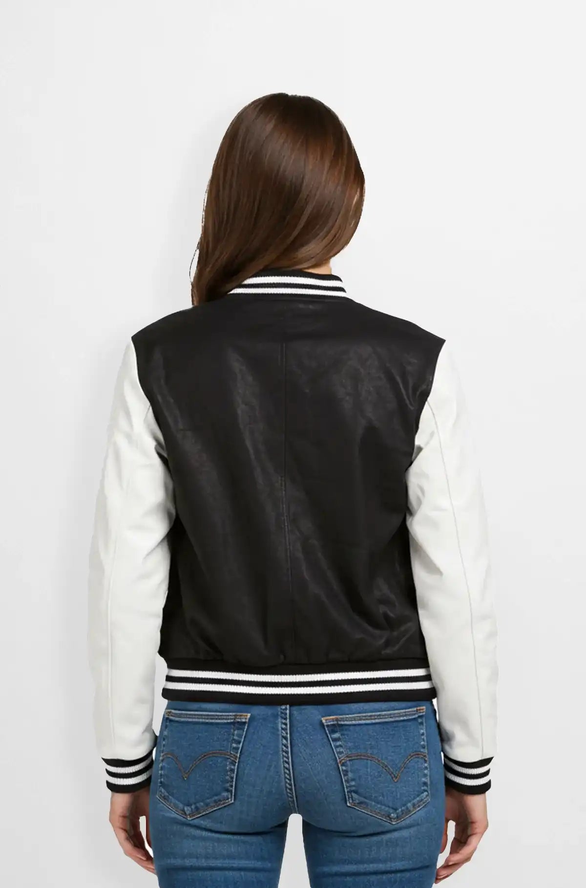 Black and White Varsity Leather Jacket Back view