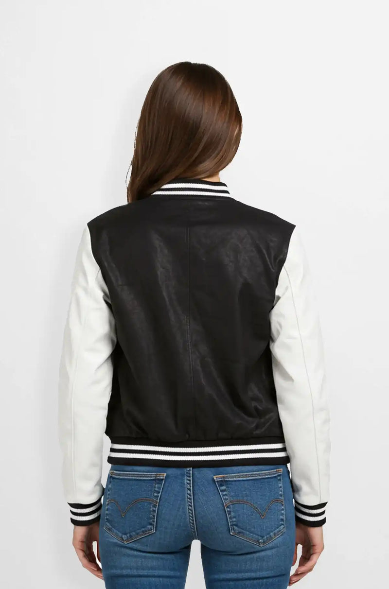 Black and White Varsity Leather Jacket Back view