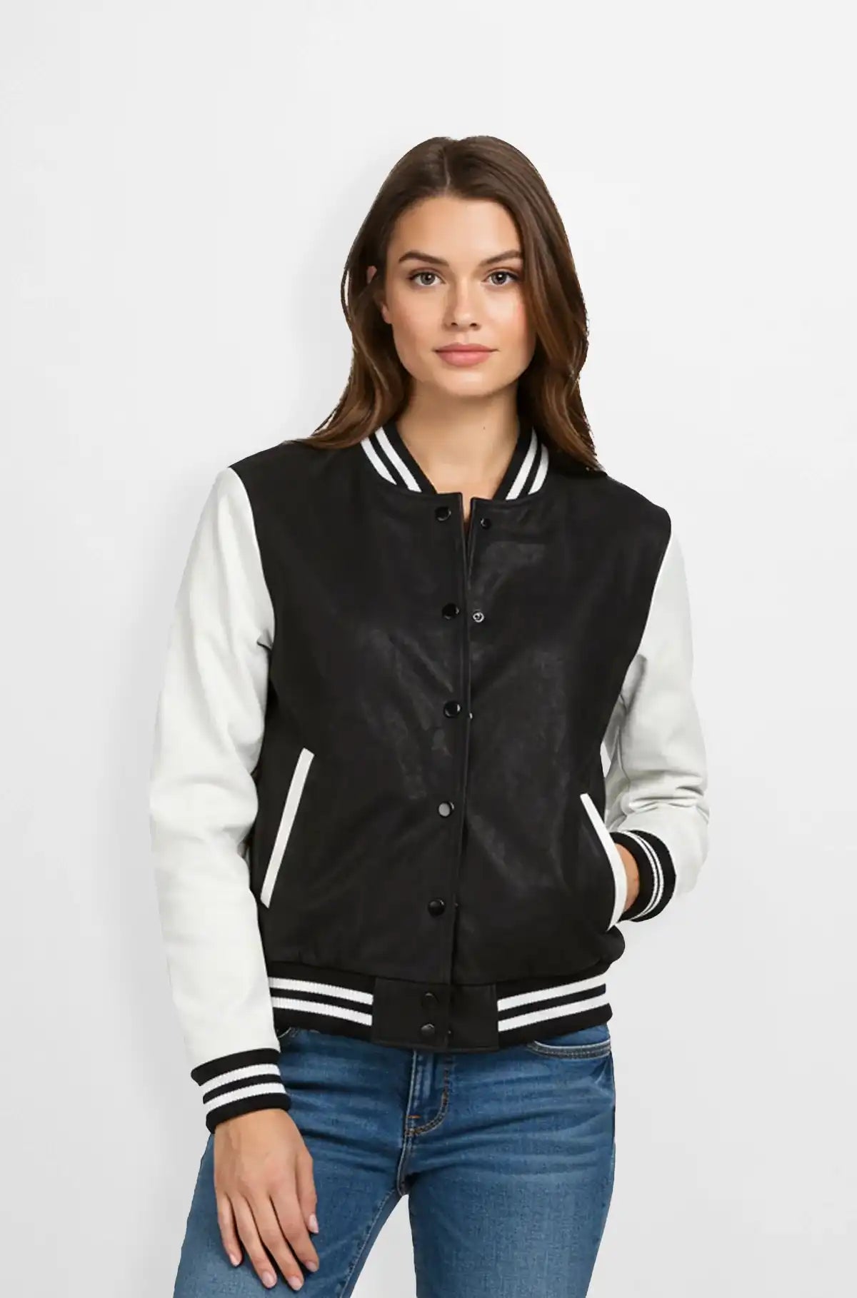 Black and White Varsity Leather Jacket Front view