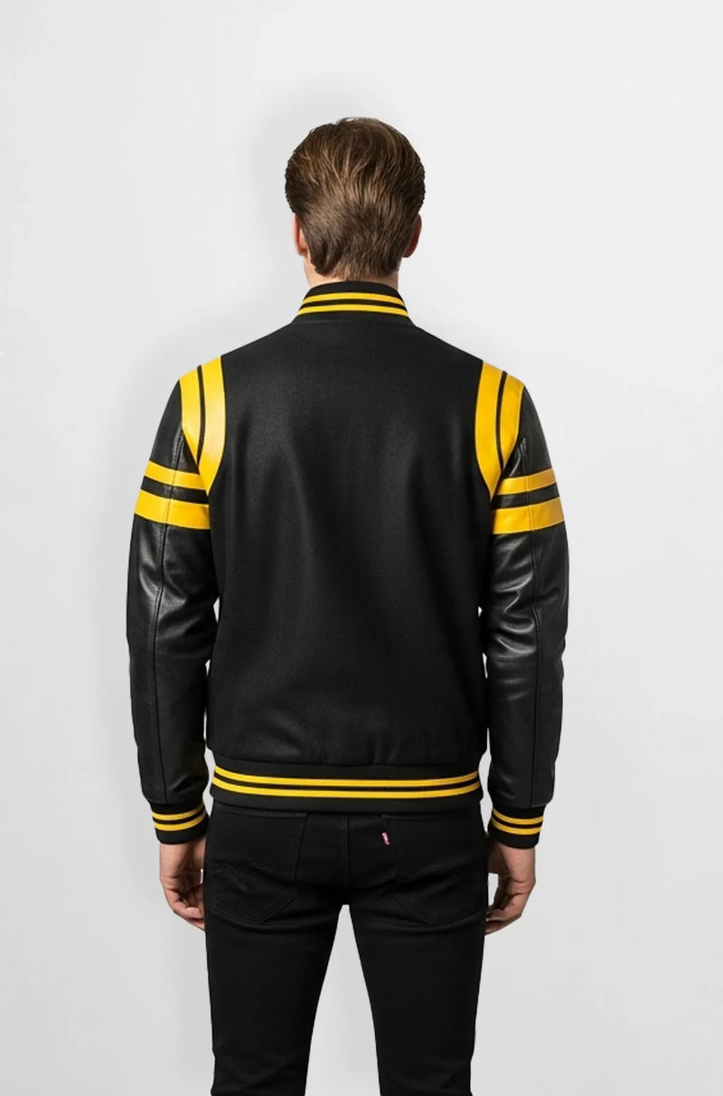 Black & Yellow Wool Leather Varsity Jacket Back view