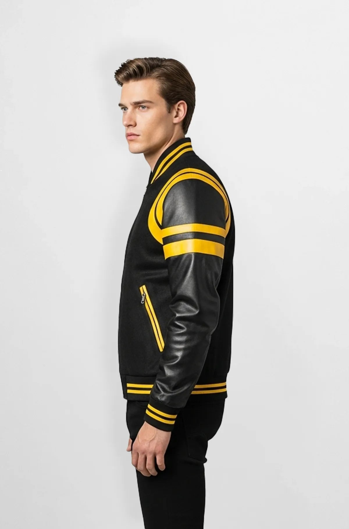 Black & Yellow Wool Leather Varsity Jacket Side view