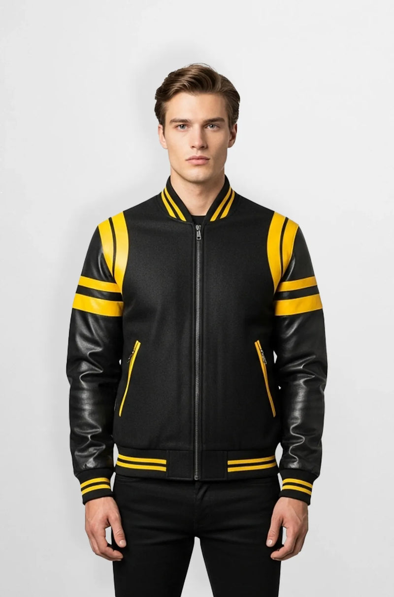 Black & Yellow Wool Leather Varsity Jacket Front view