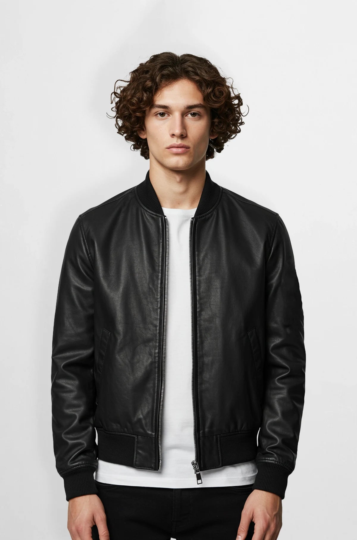 Black Bomber Leather Jacket front view