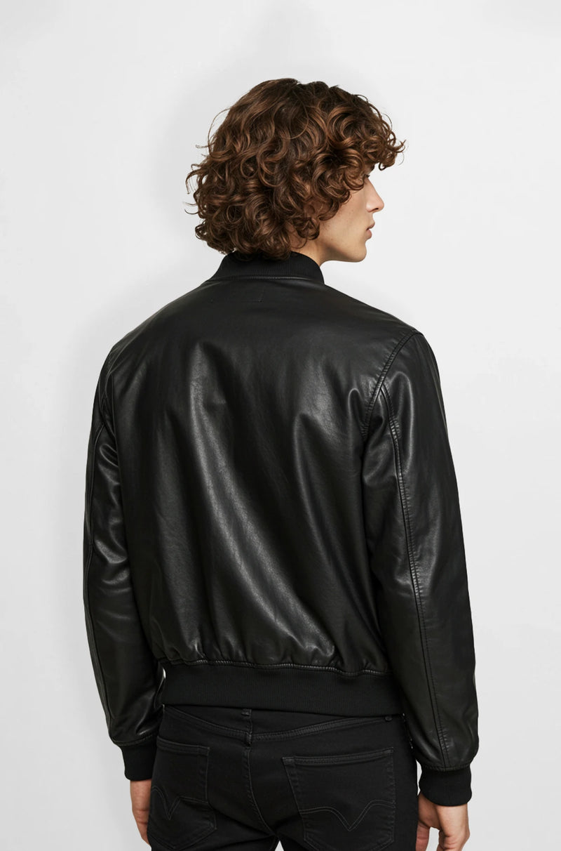 Black Bomber Leather Jacket back view
