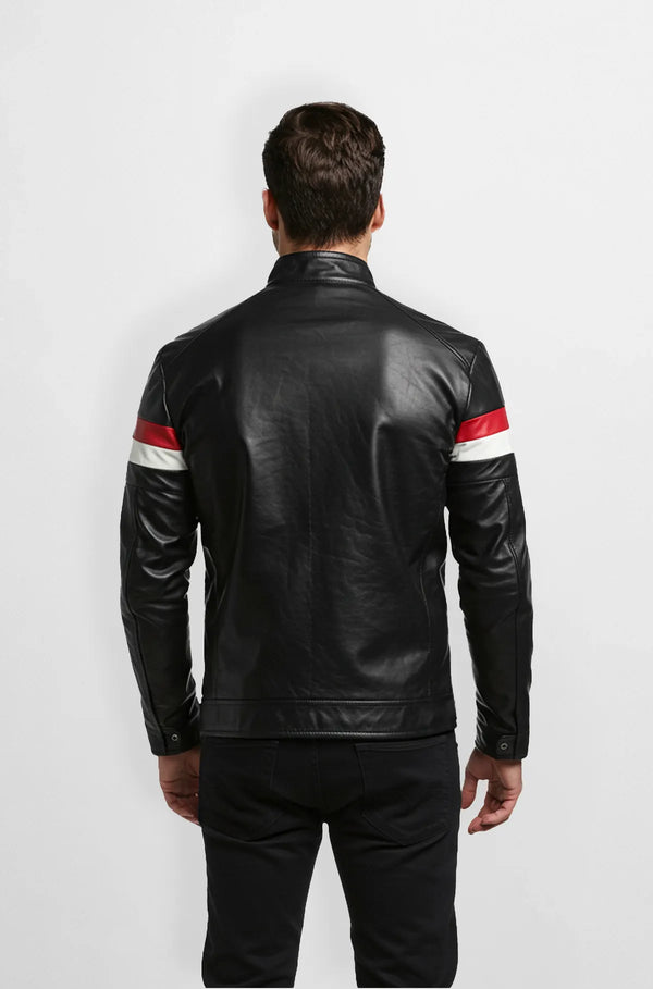 Black Cafe Racer Leather Jacket Back view