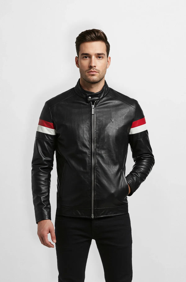 Black Cafe Racer Leather Jacket Front view