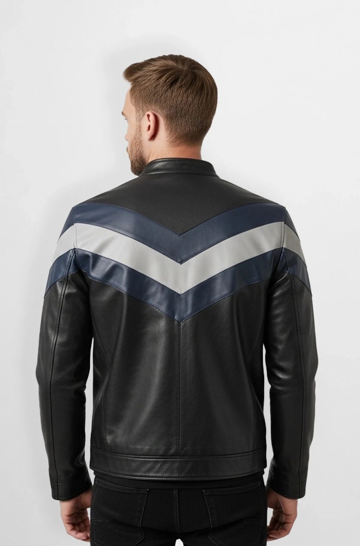 Black Chevron Panel Leather Racer Jacket Back view