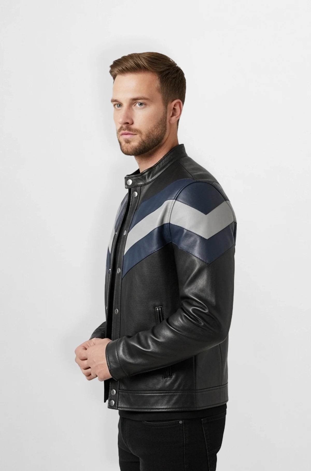 Black Chevron Panel Leather Racer Jacket Side view