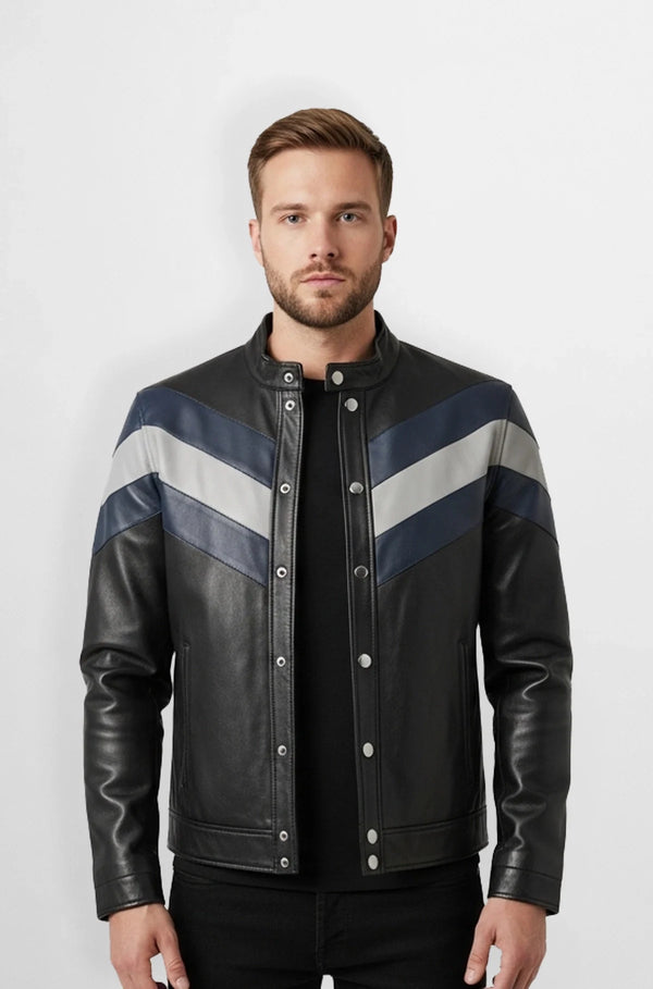 Black Chevron Panel Leather Racer Jacket Front view