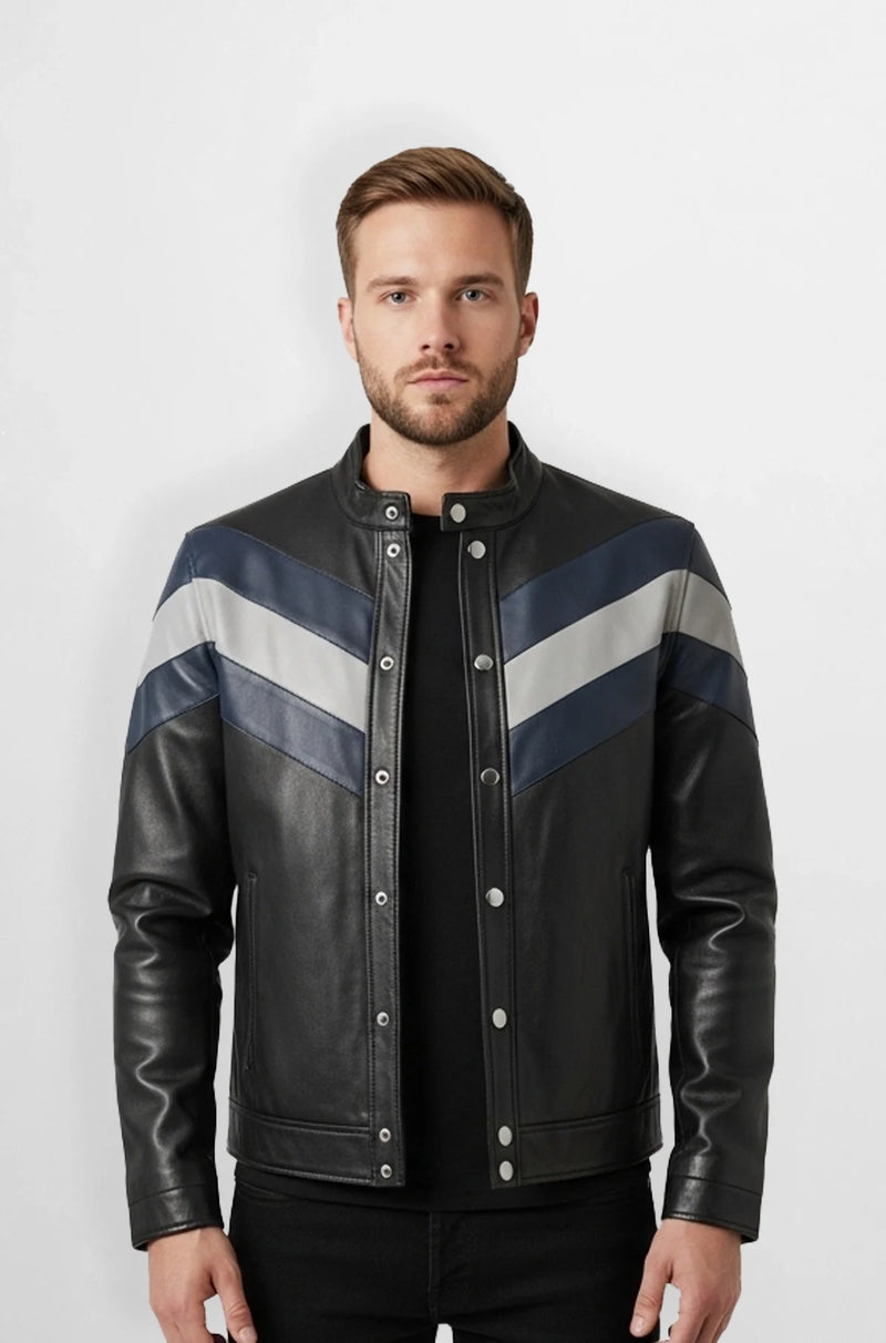 Black Chevron Panel Leather Racer Jacket Front view