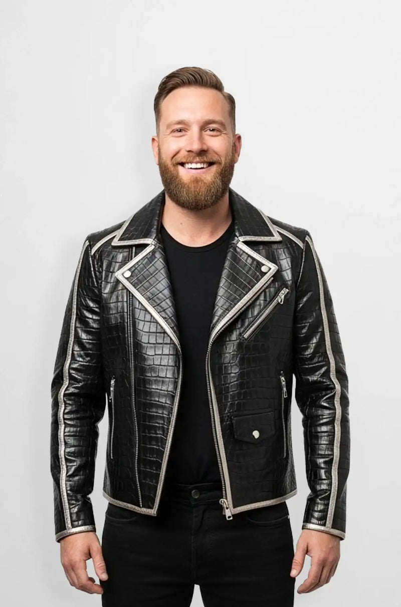 Black Croc Embossed Biker Leather Jacket