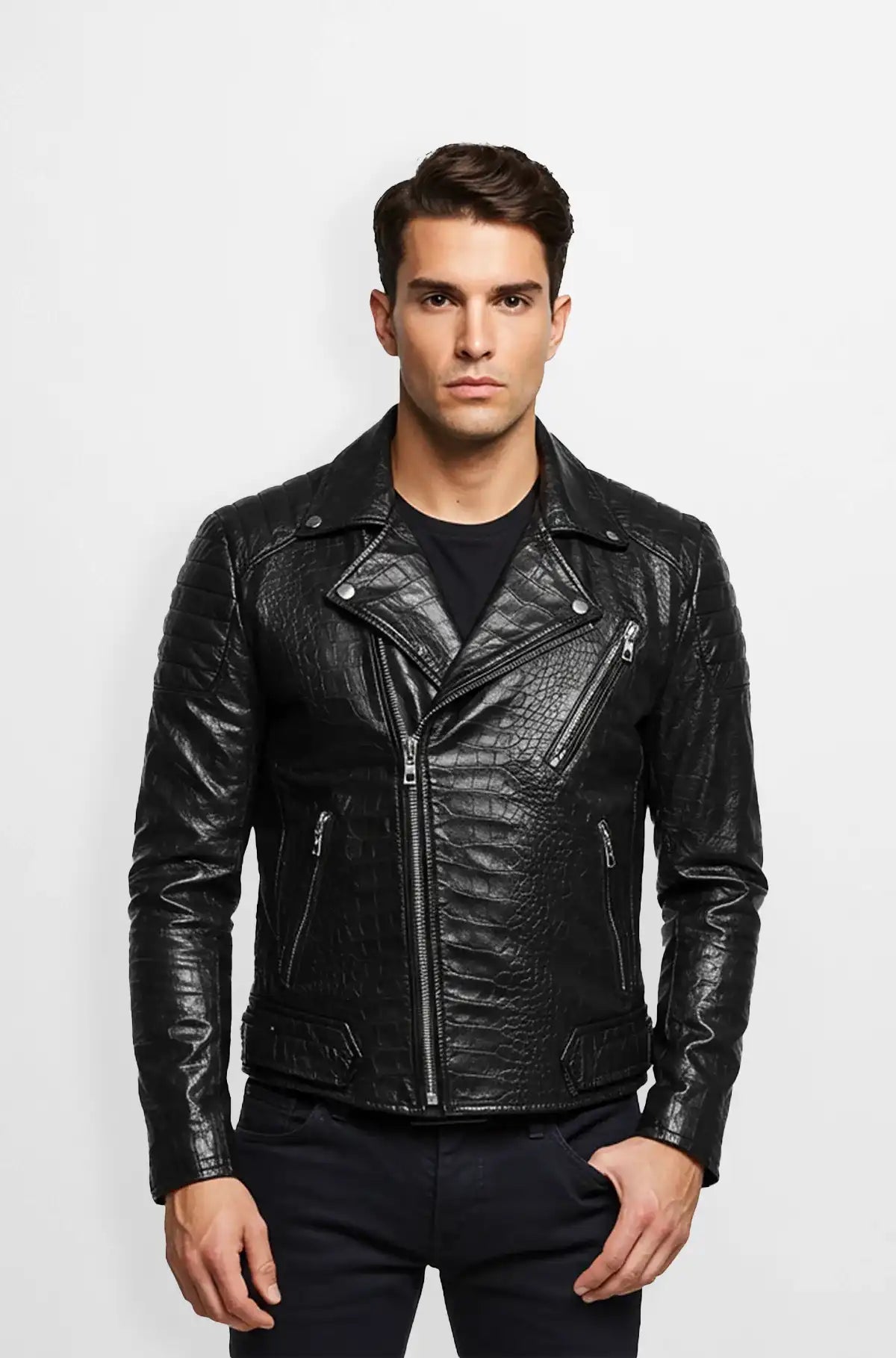 Black Croc Embossed Leather Biker Jacket
