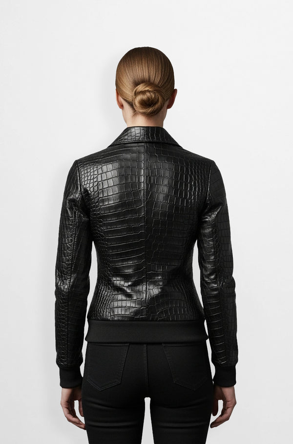 Black Crocodile Embossed Leather Bomber Jacket