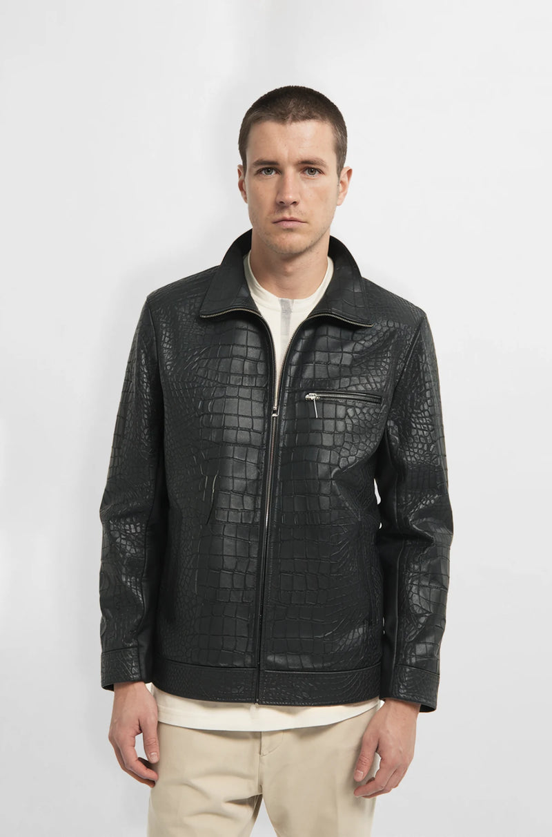 Black Crocodile Pattern Leather Jacket front view