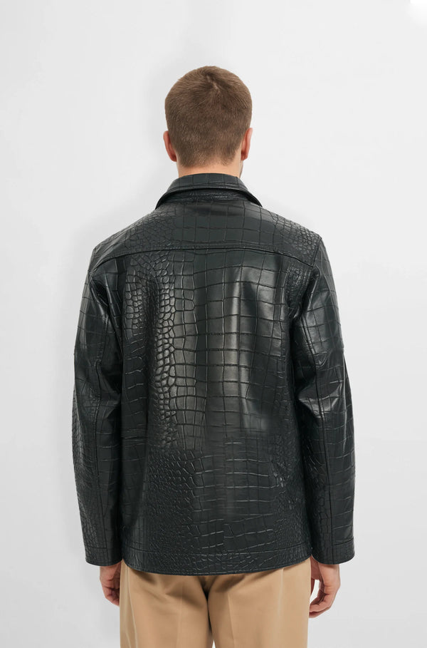 Black Crocodile Pattern Leather Jacket back view