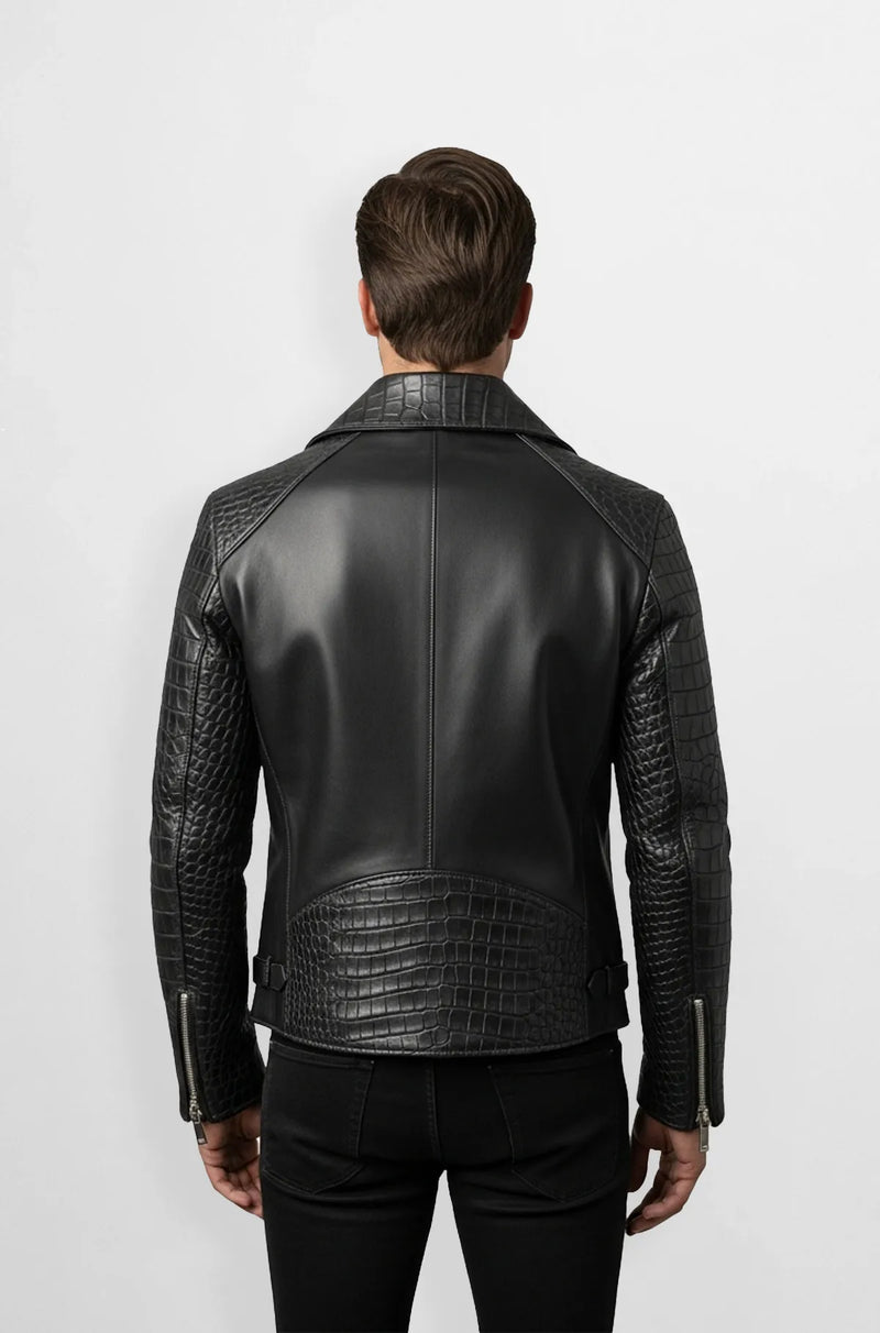 Black Crocodile Premium Leather Biker Jacket Back view