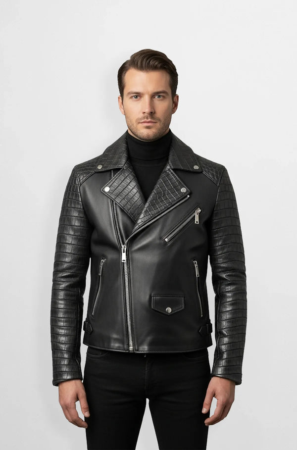 Black Crocodile Premium Leather Biker Jacket Front view