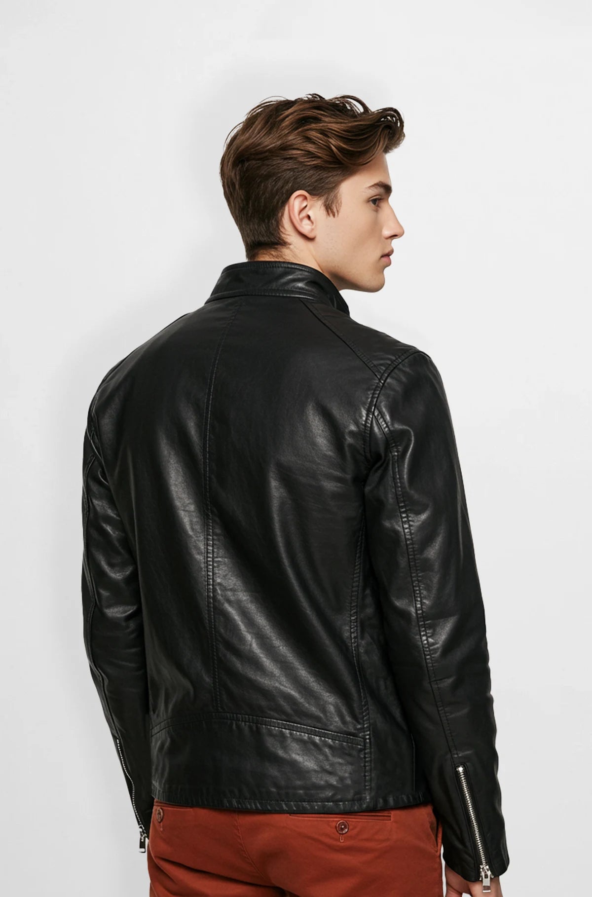 Black Genuine Leather Biker Jacket for Men back view