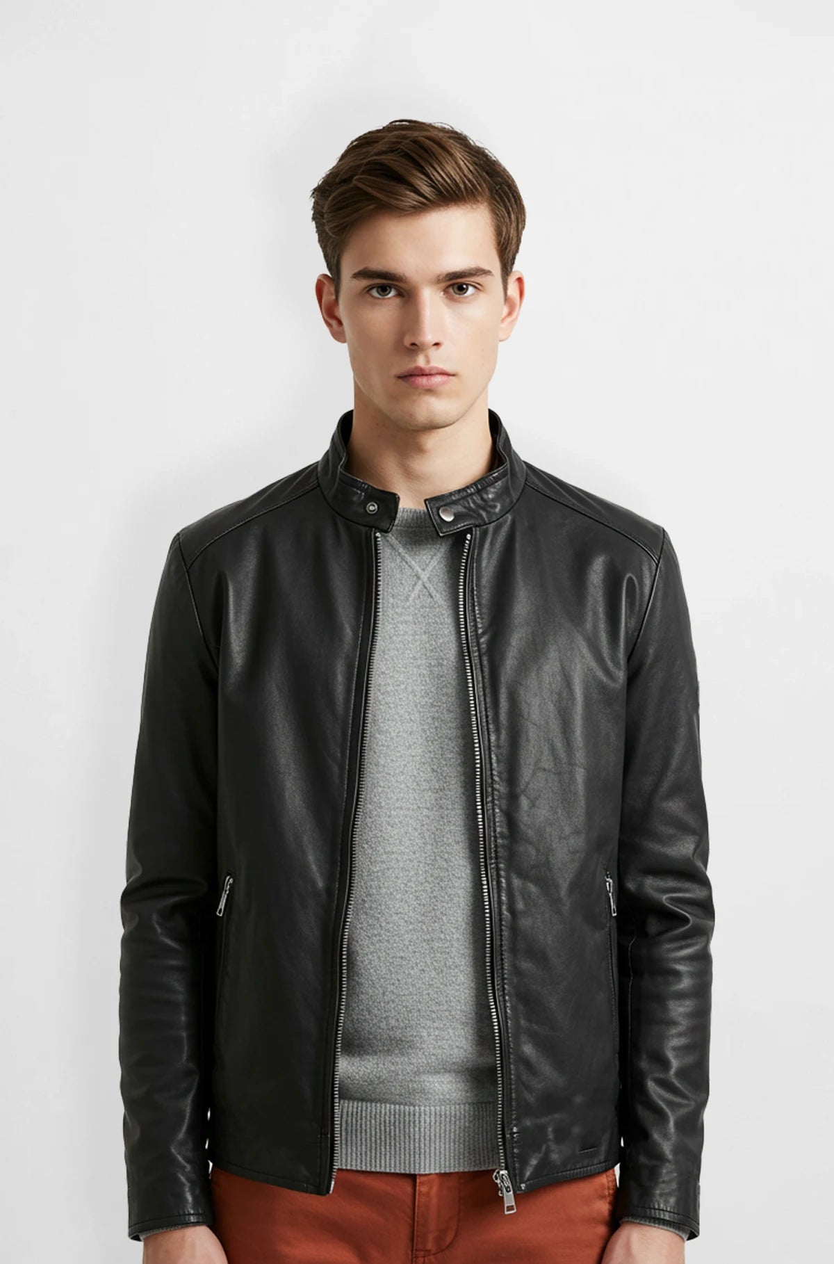 Black Genuine Leather Biker Jacket for Men front view