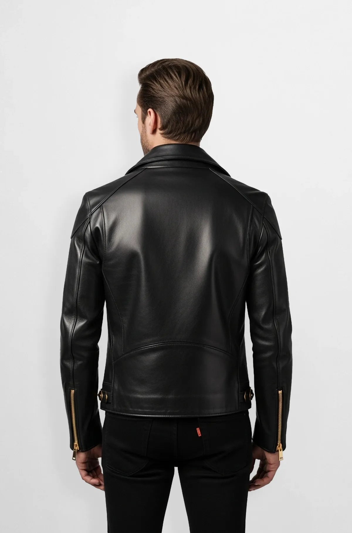 Black Gold Hardware Leather Biker Jacket Back view