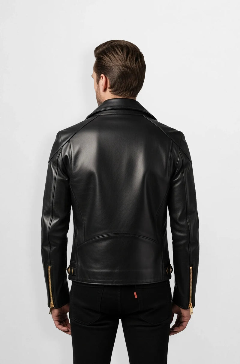 Black Gold Hardware Leather Biker Jacket Back view