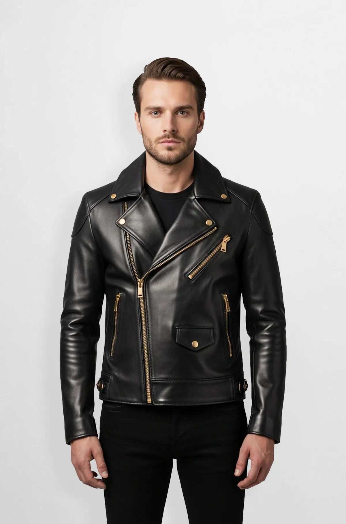 Black Gold Hardware Leather Biker Jacket Front view