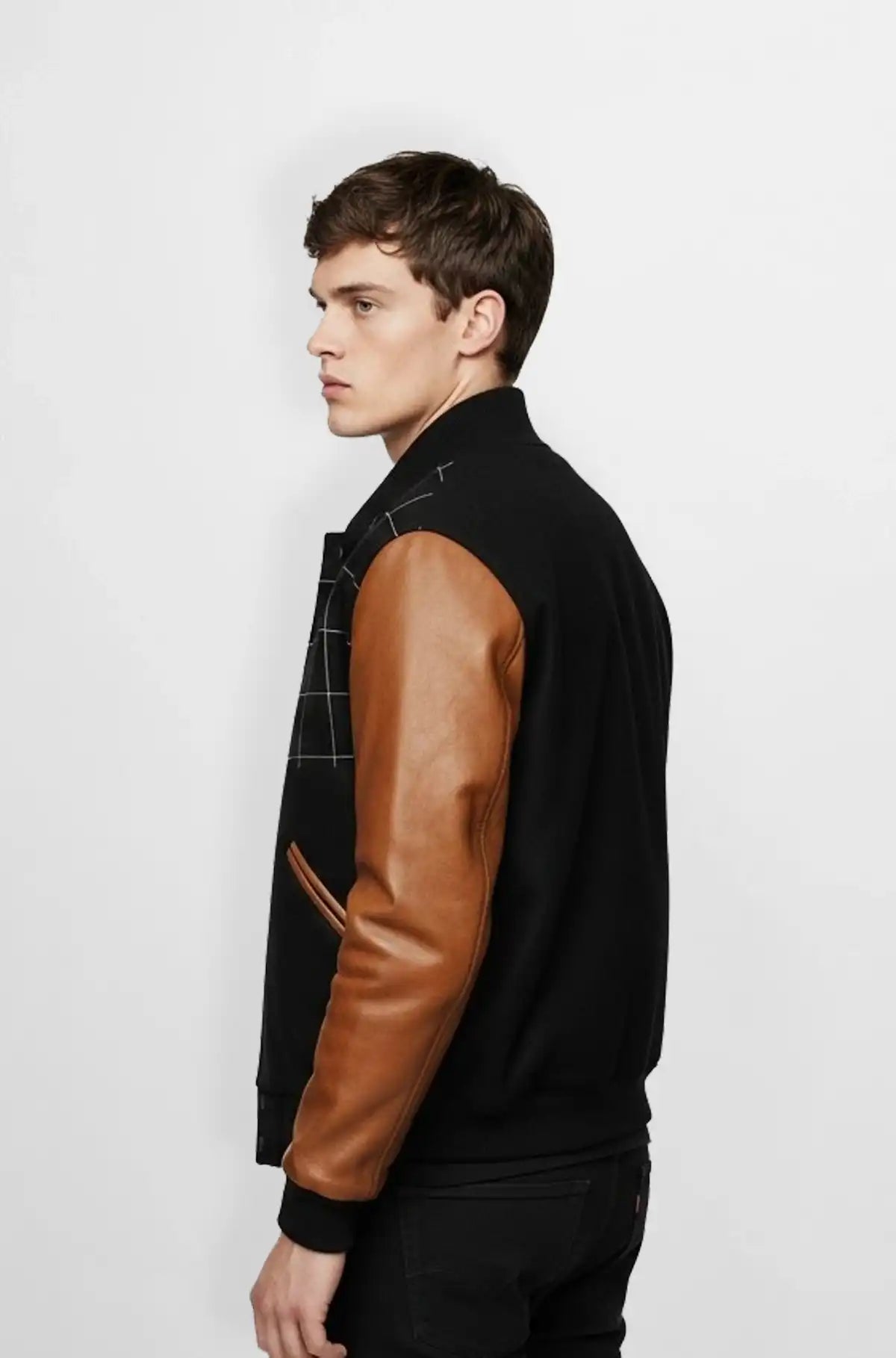Black Grid Wool Leather Varsity Jacket Side view
