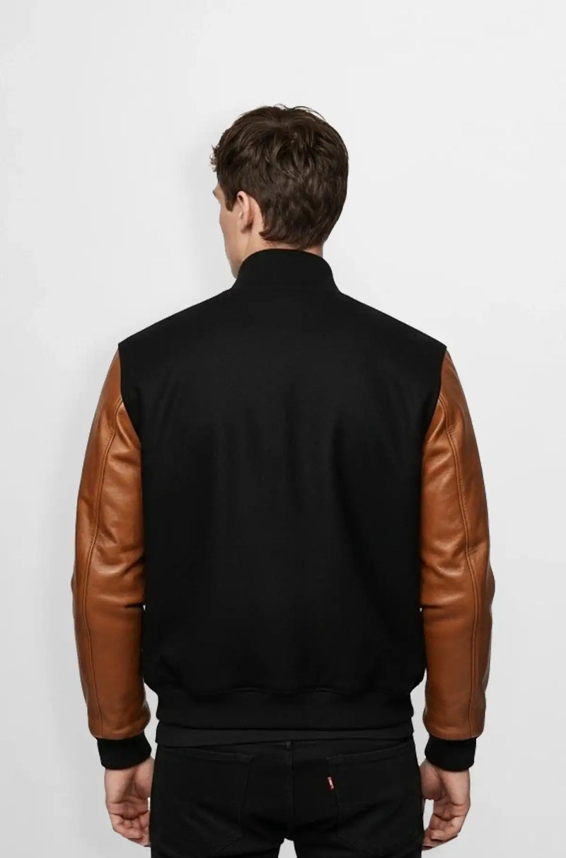 Black Grid Wool Leather Varsity Jacket Back view