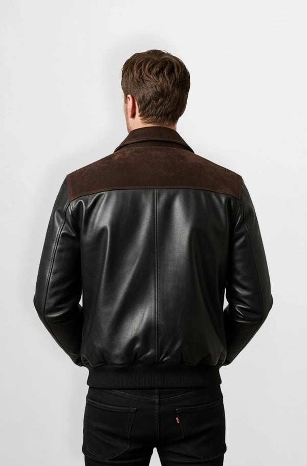 Black Leather & Brown Suede Bomber Jacket Back view