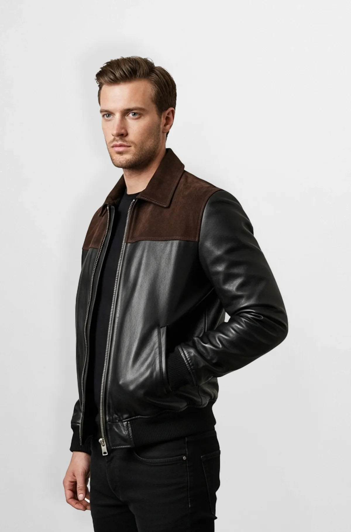 Black Leather & Brown Suede Bomber Jacket Side view