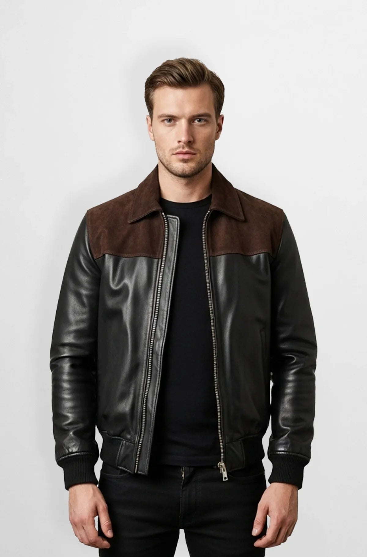 Black Leather & Brown Suede Bomber Jacket Front view