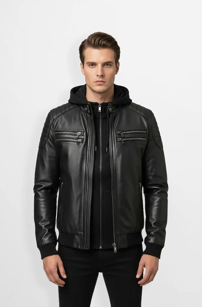 Black Leather Bomber Jacket Front view