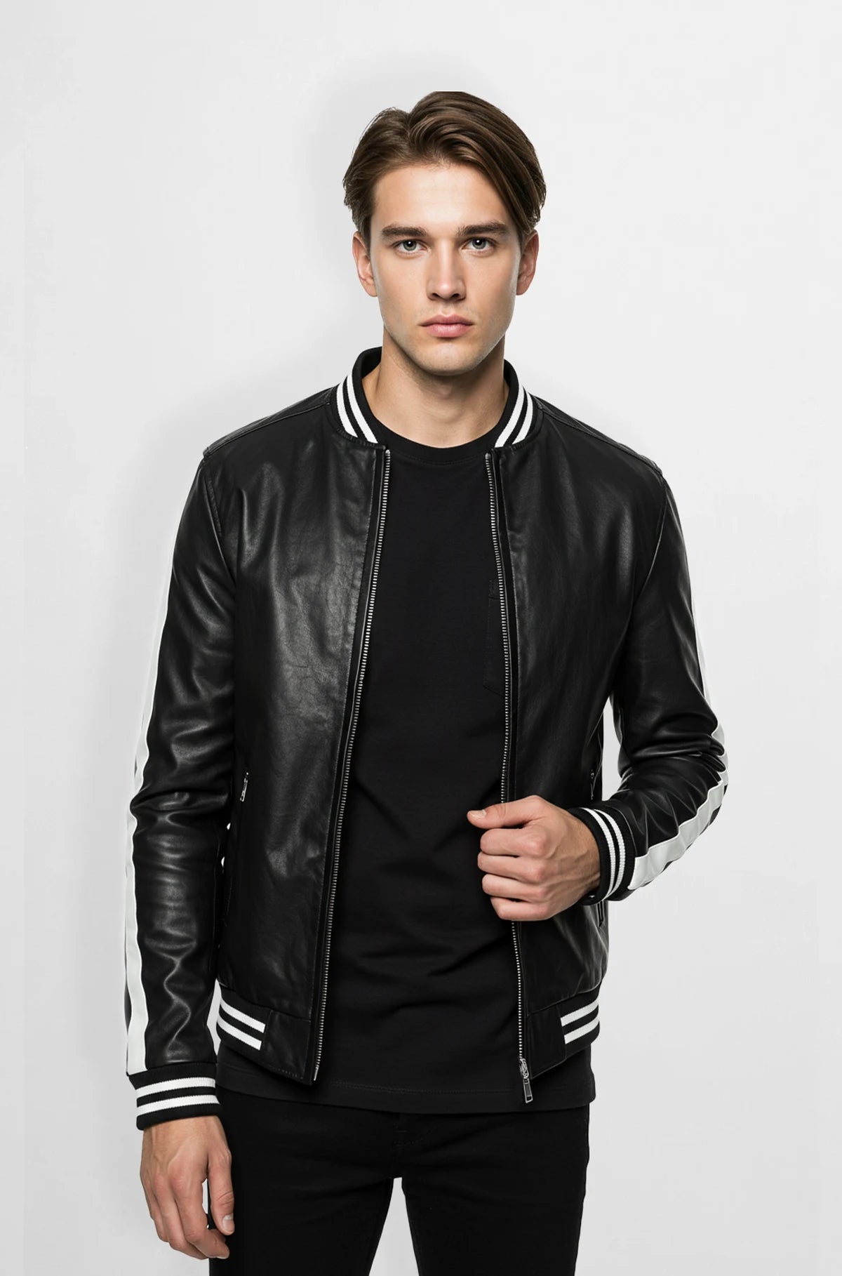 Black Leather Bomber Jacket for Men front