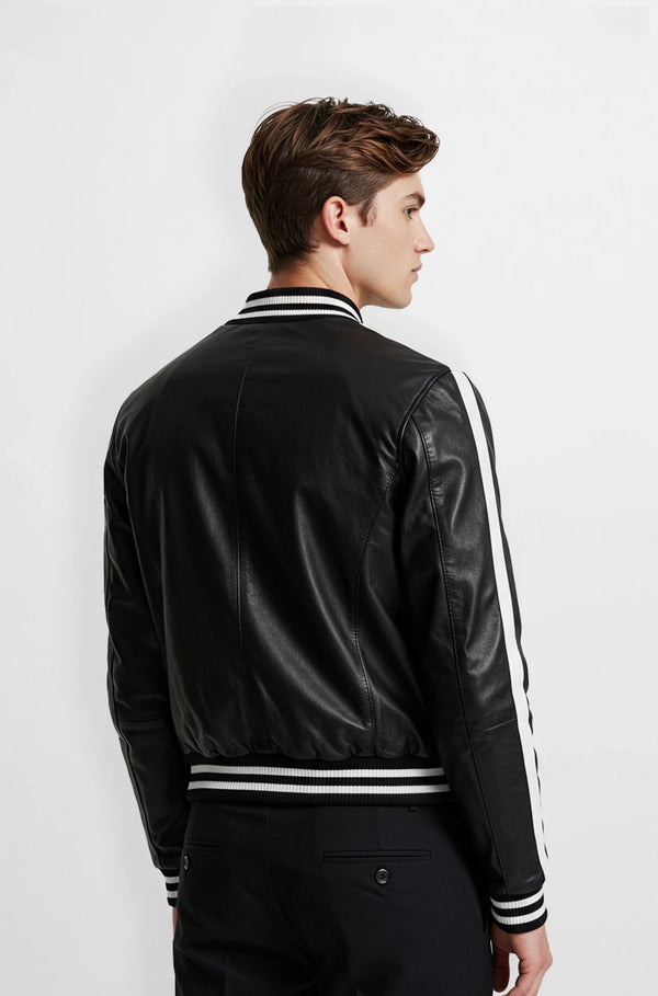 Black Leather Bomber Jacket for Men back view