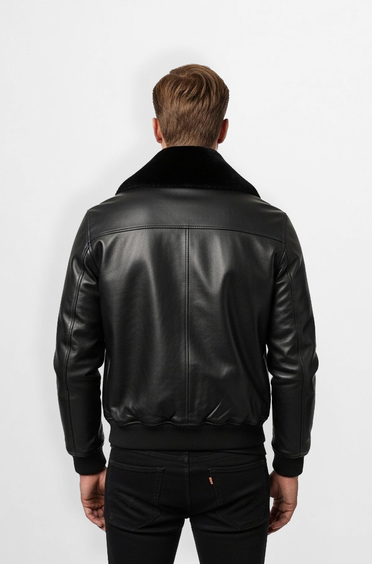 Black Leather Bomber Jacket with Fur Collar
