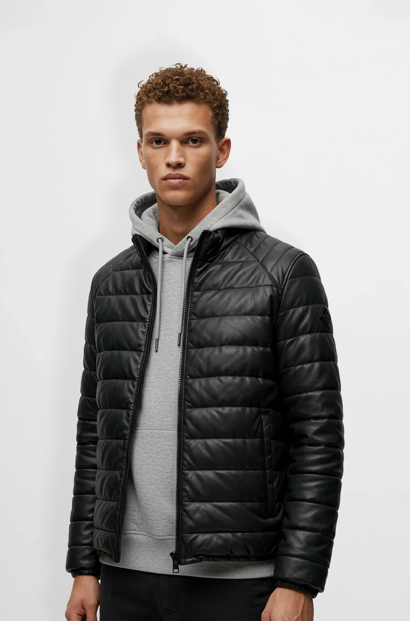 Charcoal Black Leather Puffer Jacket front view