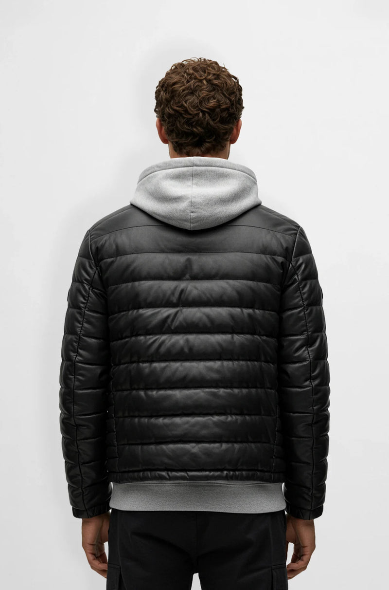 Charcoal Black Leather Puffer Jacket back view