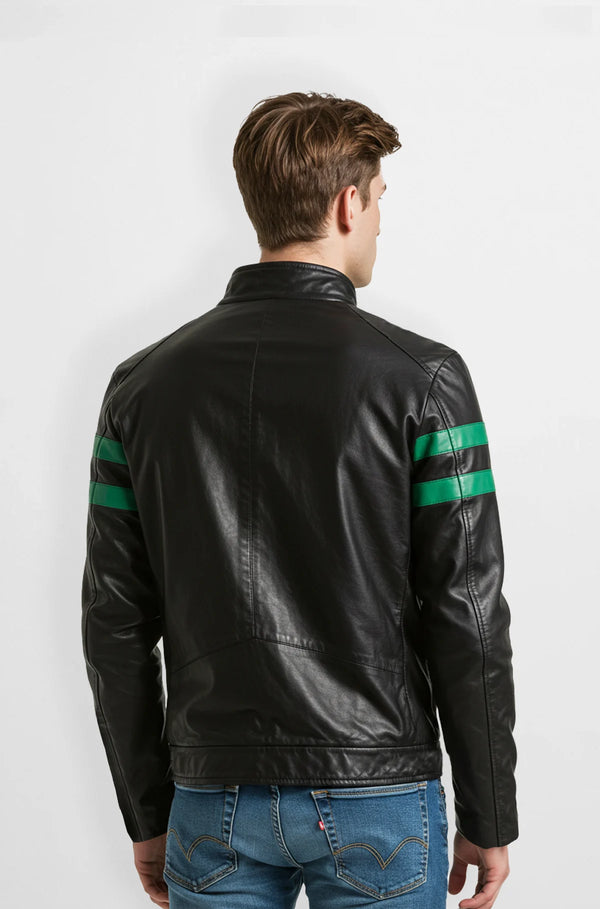 Black Leather Racer Jacket with Green Stripes back view