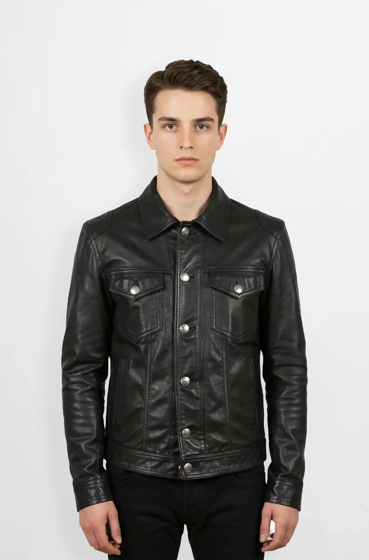 Black Leather Trucker Bomber Jacket Front view