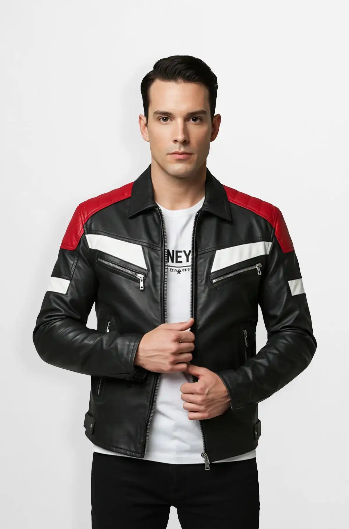 Black Multicolor Leather Moto Jacket Front view