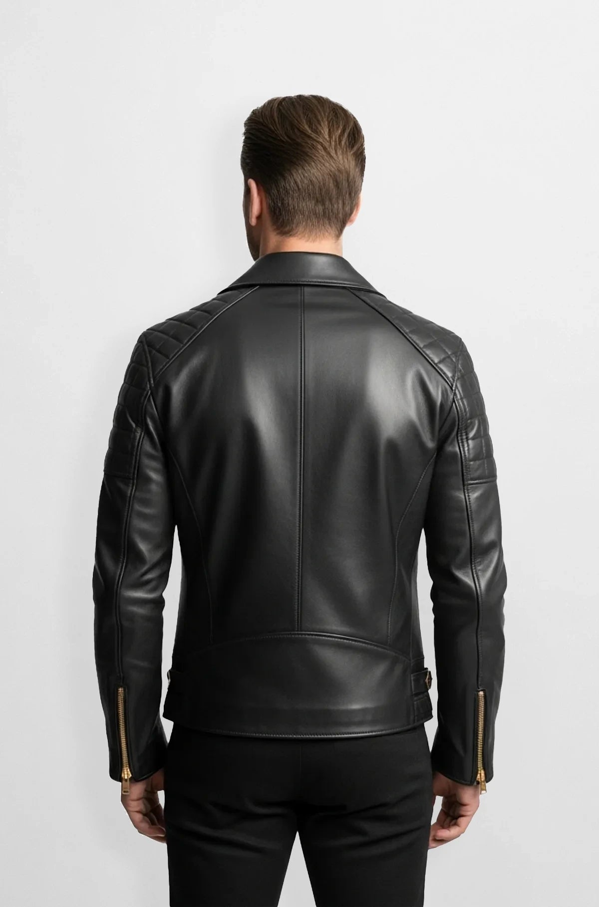 Black Quilted Leather Biker Jacket Back view