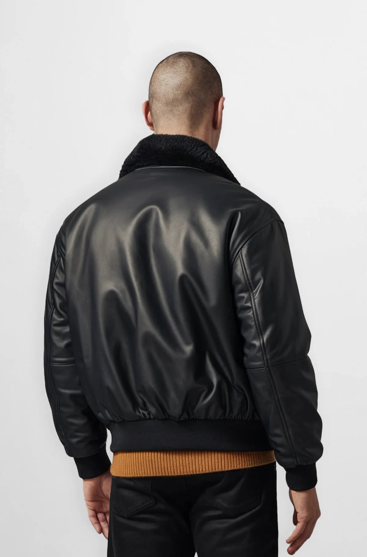 Black Shearling Bomber Jacket back view