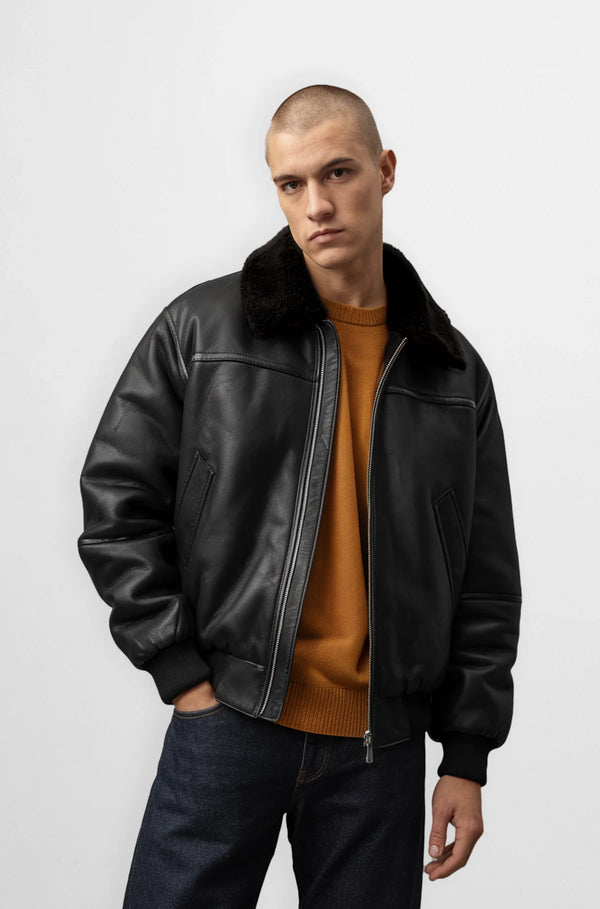 Black Shearling Bomber Jacket front view