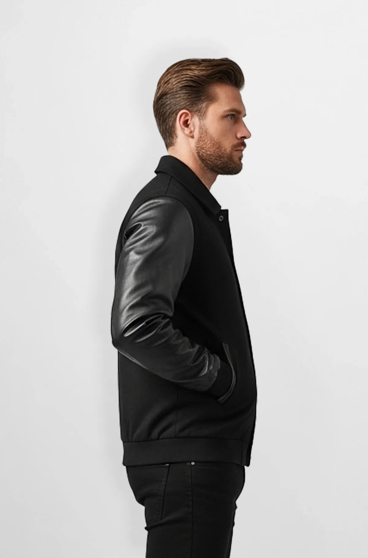 Black Wool Leather Varsity Jacket Side view