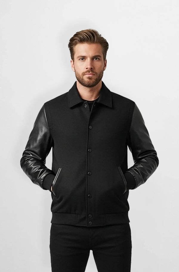 Black Wool Leather Varsity Jacket Front view