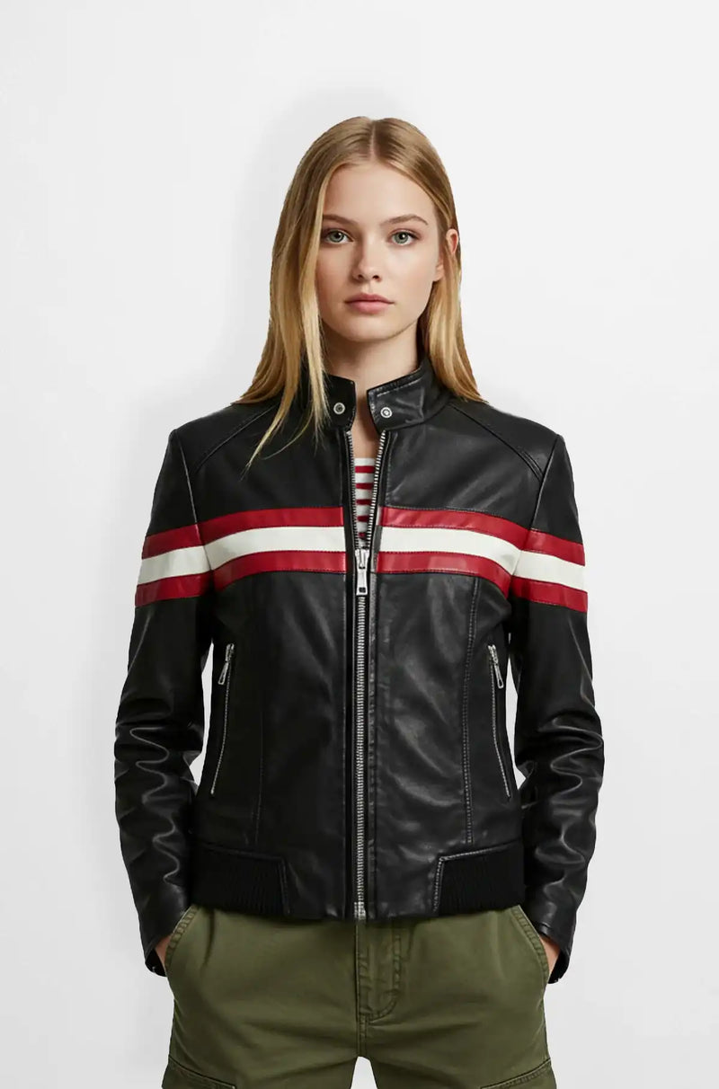 Black and Red Leather Biker Jacket for Women