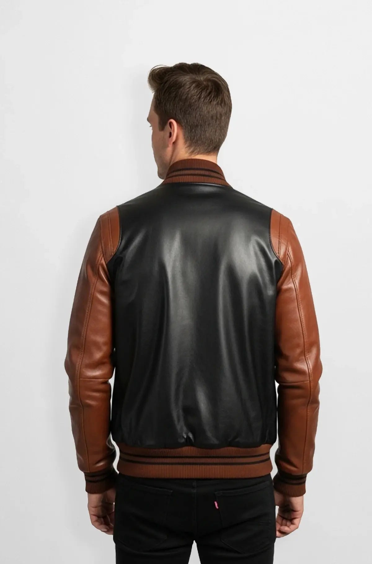 Black and Sand Brown Leather Bomber Jacket for Men