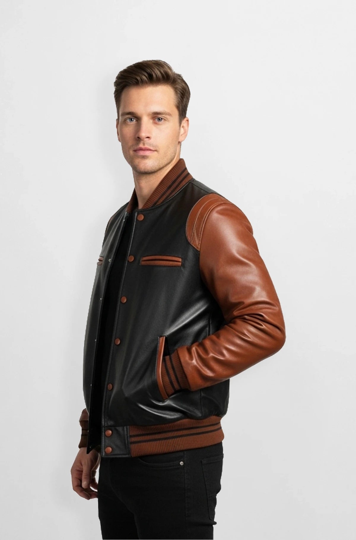 Black and Sand Brown Leather Bomber Jacket for Men